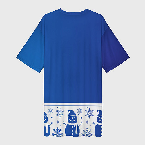 Женская длинная футболка Снеговики в снежинках синие / 3D-принт – фото 2