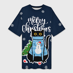 Женская длинная футболка Котик: merry christmas