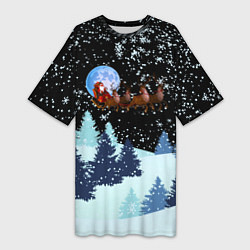 Женская длинная футболка Санта на оленях в ночном небе
