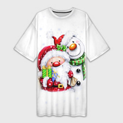 Футболка женская длинная Дед Мороз и снеговик с подарками, цвет: 3D-принт