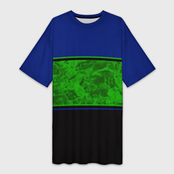 Женская длинная футболка Синие, неоновые зеленые мраморные и черные полосы