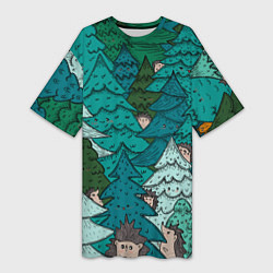 Женская длинная футболка Ежи в еловом лесу
