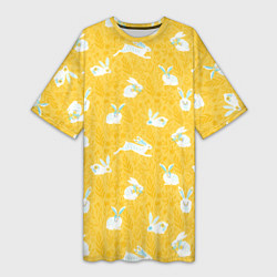 Футболка женская длинная Кролики на пшеничном поле, цвет: 3D-принт