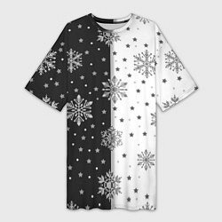 Женская длинная футболка Рождественские снежинки на черно-белом фоне