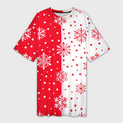 Женская длинная футболка Рождественские снежинки на красно-белом фоне