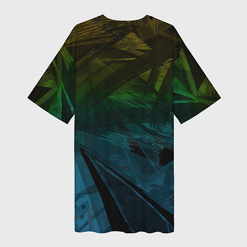 Женская длинная футболка Черный абстрактный узор на сине-зеленом фоне / 3D-принт – фото 2