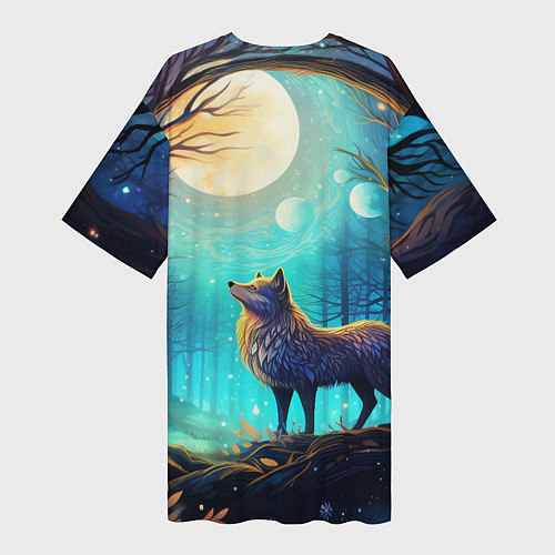 Женская длинная футболка Волк в ночном лесу в folk art стиле / 3D-принт – фото 2