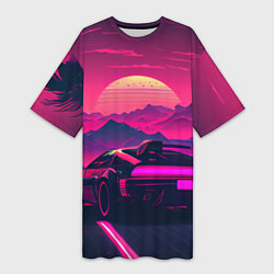 Футболка женская длинная Синтвейв закат с автомобилем, цвет: 3D-принт