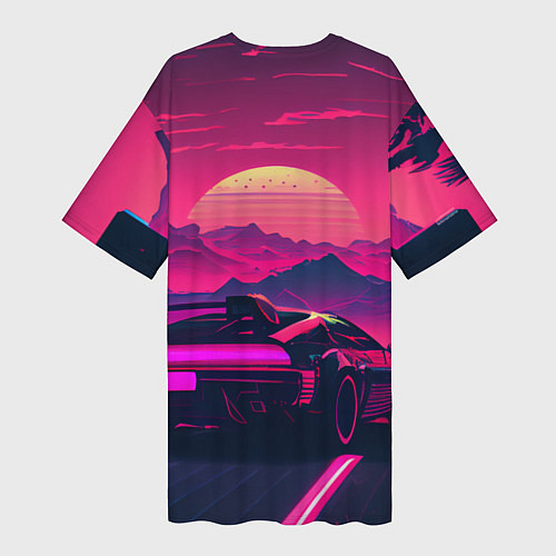 Женская длинная футболка Синтвейв закат с автомобилем / 3D-принт – фото 2