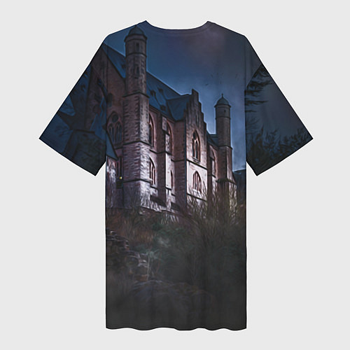 Женская длинная футболка Уэнсдей Аддамс, Энид Синклер на фоне замка / 3D-принт – фото 2