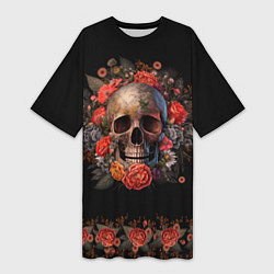 Футболка женская длинная Череп украшенный цветами, цвет: 3D-принт