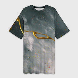 Женская длинная футболка Абстрактный серо-белый туман и золотая краска