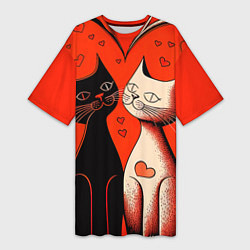 Женская длинная футболка Влюблённые кошки на красном фоне