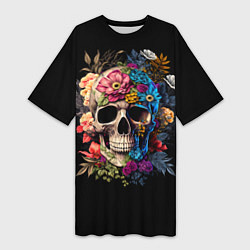 Женская длинная футболка Череп c растениями и цветами