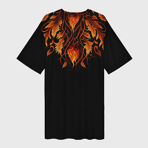 Женская длинная футболка Девушка в стиле ар-нуво с огнем и осенними листьям / 3D-принт – фото 2