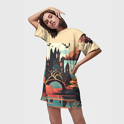 Футболка женская длинная Autumn Castle - Huf&Sya, цвет: 3D-принт — фото 2