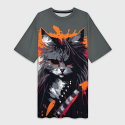 Футболка женская длинная Rocker Cat on a gray background - C-Cats collectio, цвет: 3D-принт