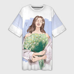 Футболка женская длинная Девушка с ромашками на синем фоне, цвет: 3D-принт