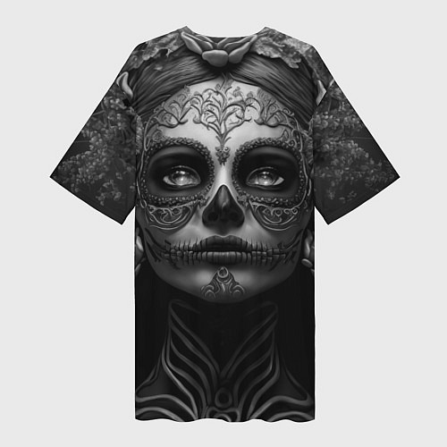 Женская длинная футболка Девушка с макияжем для дня мертвых / 3D-принт – фото 2