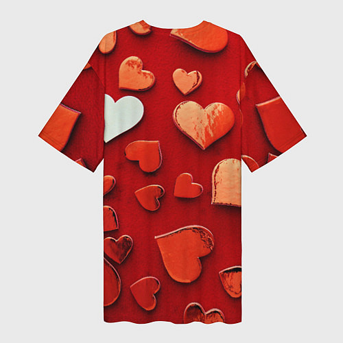 Женская длинная футболка Красные сердца на красном фоне / 3D-принт – фото 2