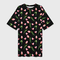 Женская длинная футболка Тюльпаны и сердечки на черном - паттерн
