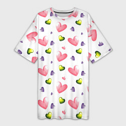 Женская длинная футболка Акварельные сердечки - паттерн