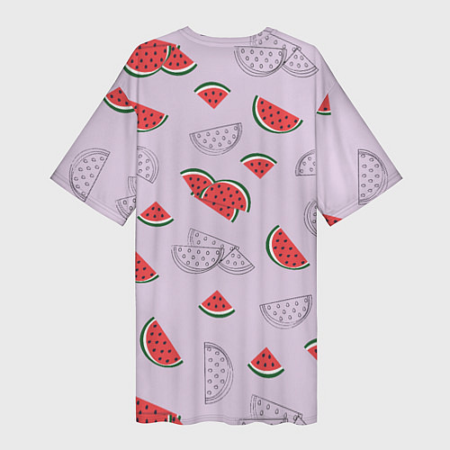 Женская длинная футболка Узор из кусочков арбуза на сиреневом фоне / 3D-принт – фото 2