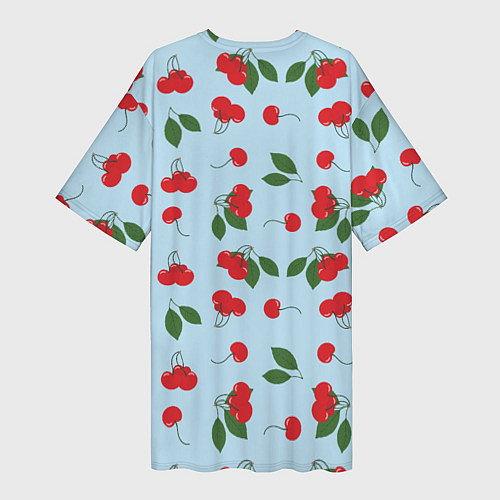 Женская длинная футболка Узор из ягод вишни на голубом фоне / 3D-принт – фото 2