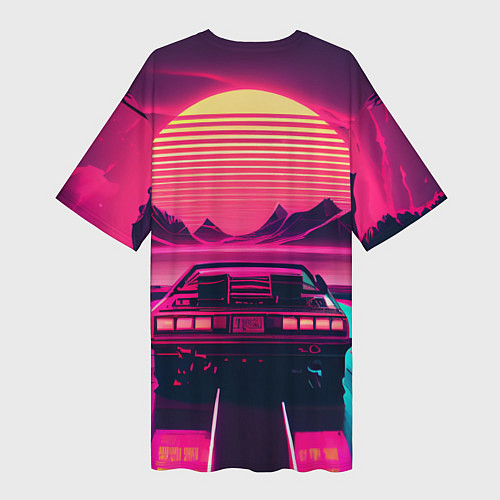 Женская длинная футболка Синтвейв закат и автомобиль / 3D-принт – фото 2