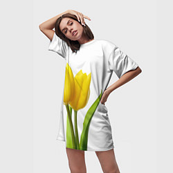 Футболка женская длинная Желтые тюльпаны на белом, цвет: 3D-принт — фото 2