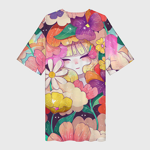 Женская длинная футболка Девочка в цветах / 3D-принт – фото 2