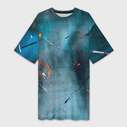 Женская длинная футболка Абстрактный синий туман, силуэты и краски
