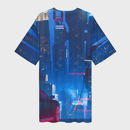 Женская длинная футболка Девушка в ночном городе - киберпанк - нейросеть / 3D-принт – фото 2