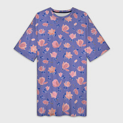 Женская длинная футболка Цветы магнолии на нежно-лиловом