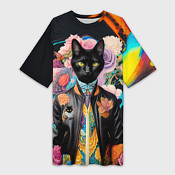 Женская длинная футболка Модный чёрный кот - нейросеть - мода