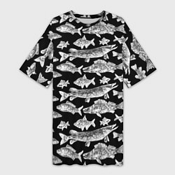 Женская длинная футболка Городской паттерн о рыбалке