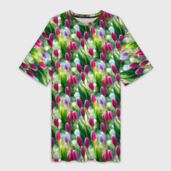 Женская длинная футболка Весенние тюльпаны и подснежники