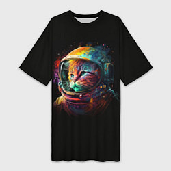 Футболка женская длинная Кот в скафандре - космонавт, цвет: 3D-принт