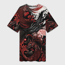 Футболка женская длинная Красный Irezumi узор, цвет: 3D-принт