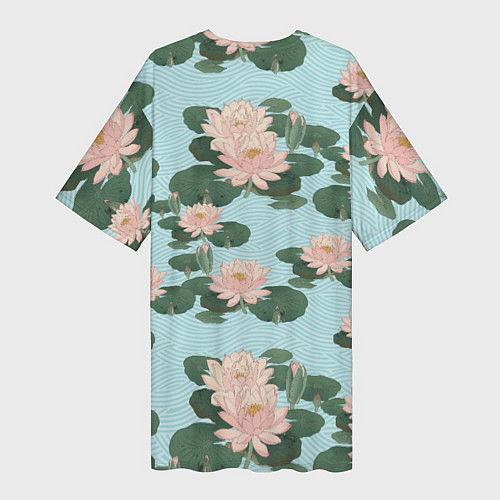 Женская длинная футболка Водяные лилии на бирюзовом фоне / 3D-принт – фото 2