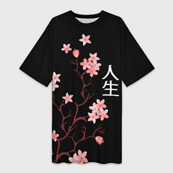 Женская длинная футболка Сакура, дерево жизни