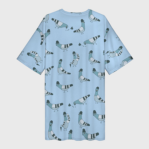 Женская длинная футболка Голубь в шляпе и с зонтиком: паттерн - голубой / 3D-принт – фото 2
