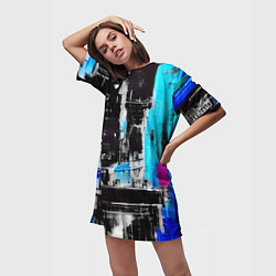 Футболка женская длинная Абстракция, черно-синие цвета, от нейросети, цвет: 3D-принт — фото 2