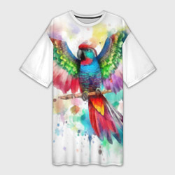Женская длинная футболка Разноцветный акварельный попугай с расправленными