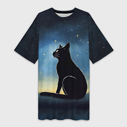 Женская длинная футболка Черный кот и звезды - акварель