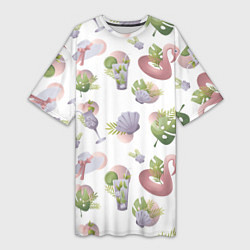 Женская длинная футболка Пляжный паттерн с коктейлями и фламинго