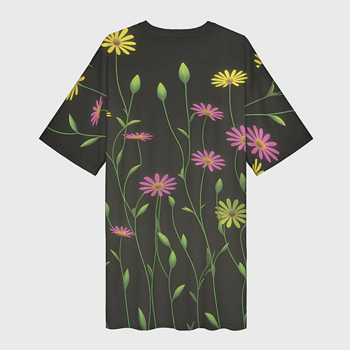 Женская длинная футболка Полевые цветочки на темном фоне / 3D-принт – фото 2