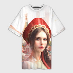 Женская длинная футболка Девушка в кокошнике с косой - кремль