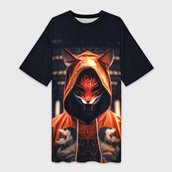 Футболка женская длинная Кицунэ на фоне храма - пагоды, цвет: 3D-принт