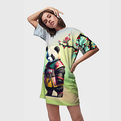 Футболка женская длинная Панда-самурай - цветущая сакура, цвет: 3D-принт — фото 2